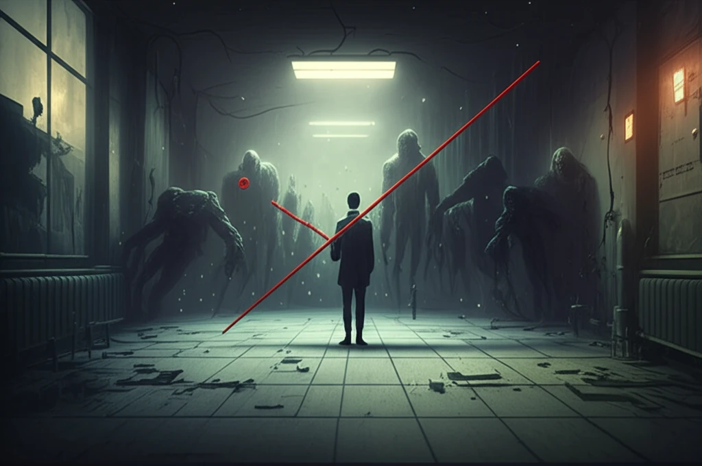 Regression line distorted by shadowy figures representing bias