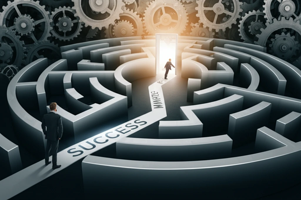Project manager navigating a maze of clock gears, symbolizing project management and risk assessment.
