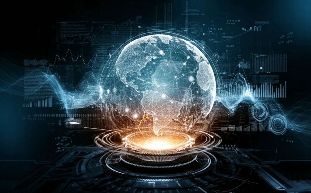 Futuristic energy market with data streams and crystal ball showing fluctuating energy prices.