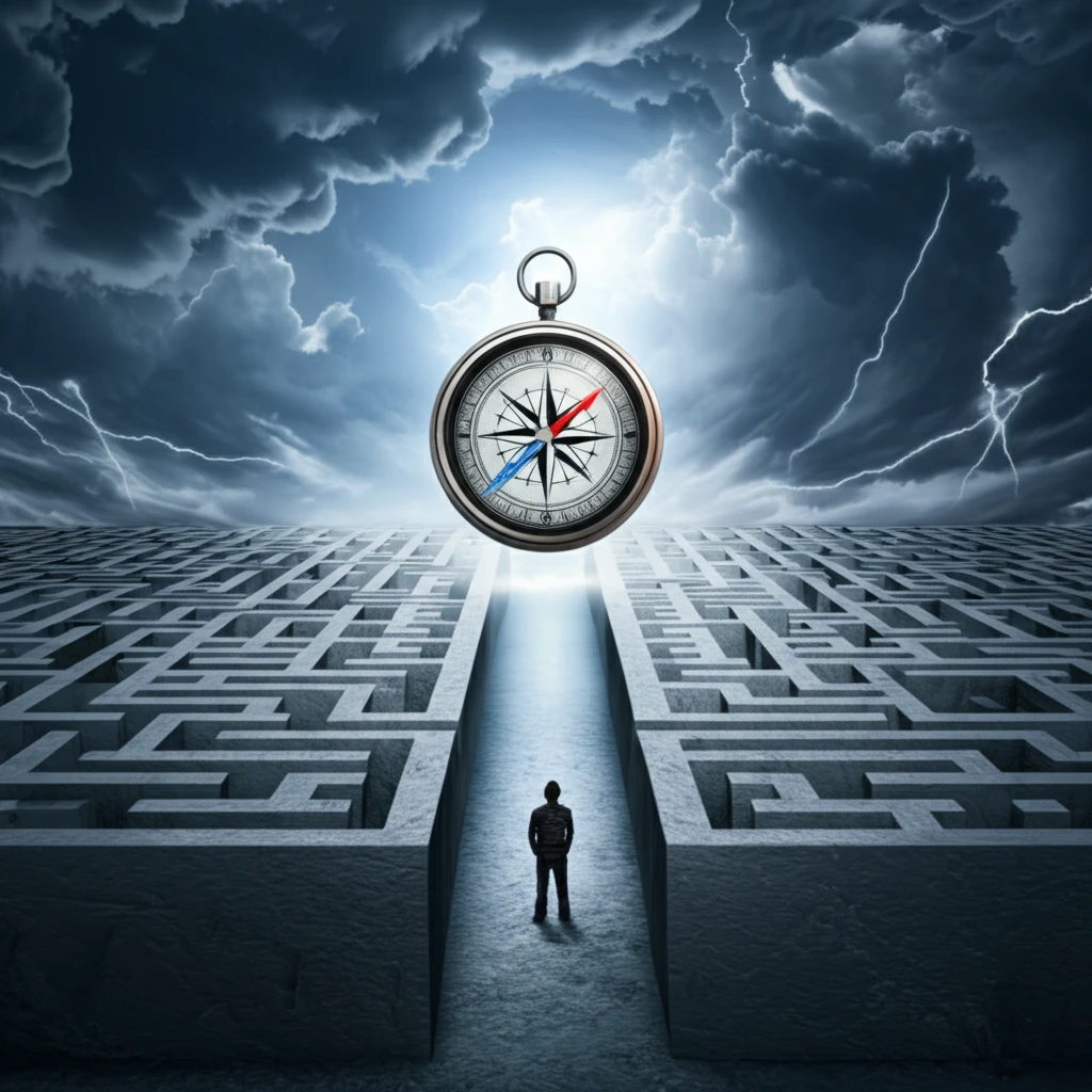 A labyrinth with paths to clear and stormy skies, symbolizing decision-making under ambiguity.