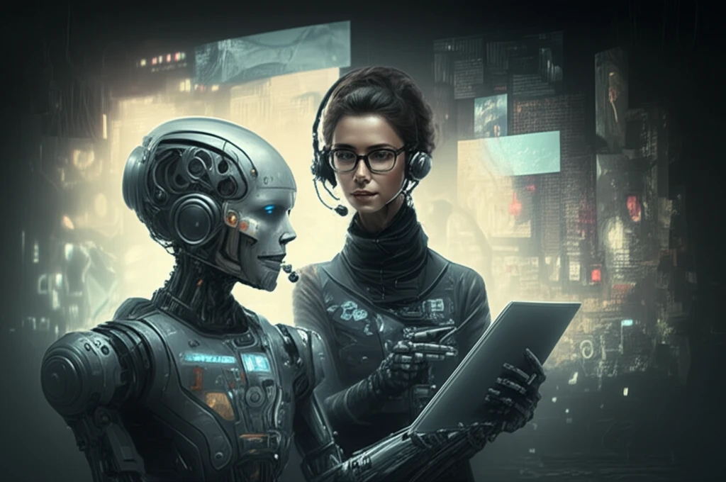 Friendly robot providing customer support in a futuristic call center.