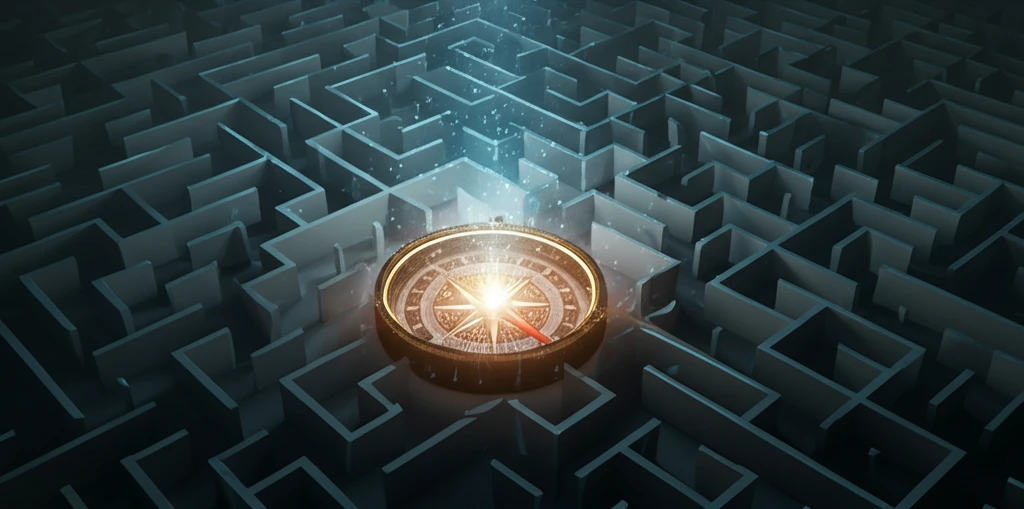 Surreal illustration of a small business navigating a maze with a BI compass.