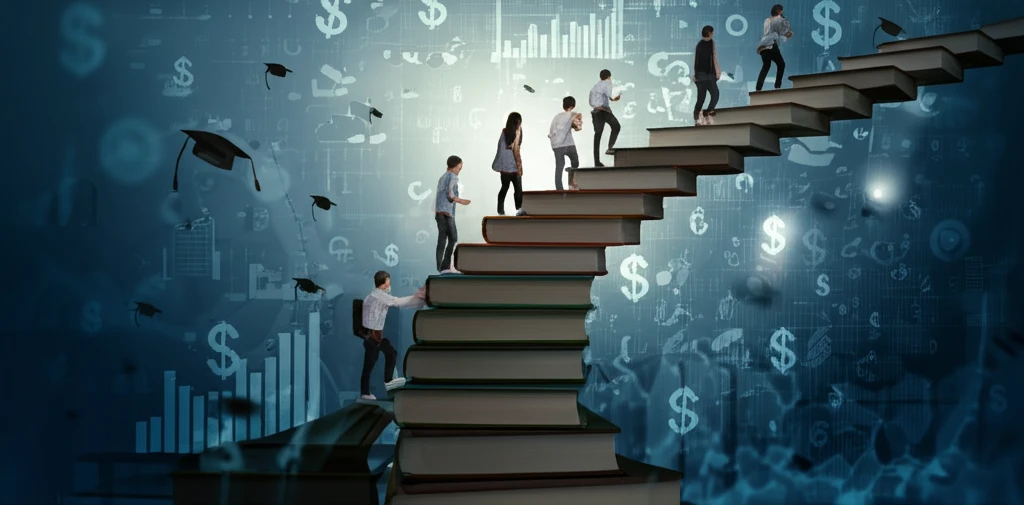 Diverse students climbing a staircase of economics textbooks, symbolizing their educational journey.