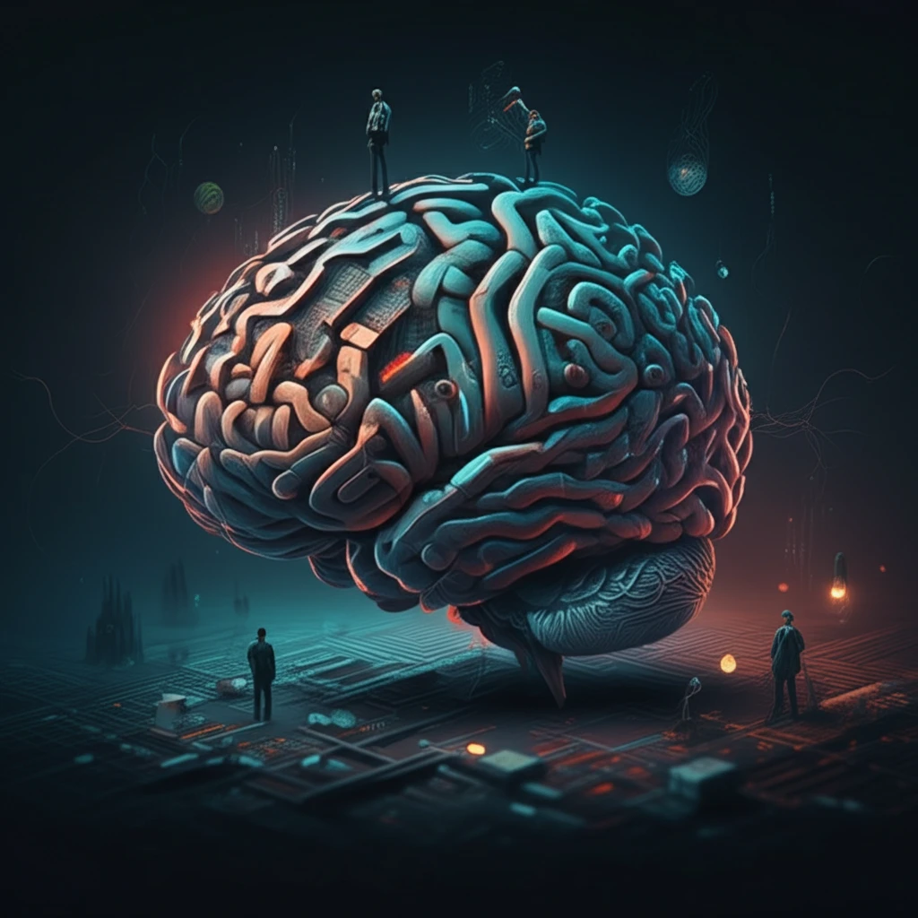Surreal illustration of a circuit board brain representing the AI industry, AI engineers, lawyers, and policymakers navigating its complex pathways