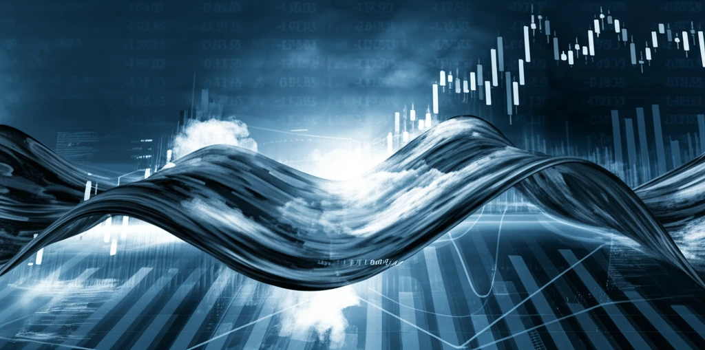 Financial charts transforming into weather patterns representing economic climate shifts.