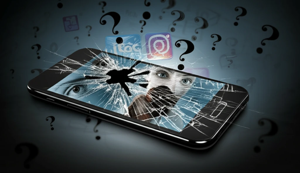 Distorted influencer image on cracked smartphone screen, symbolizing distrust.