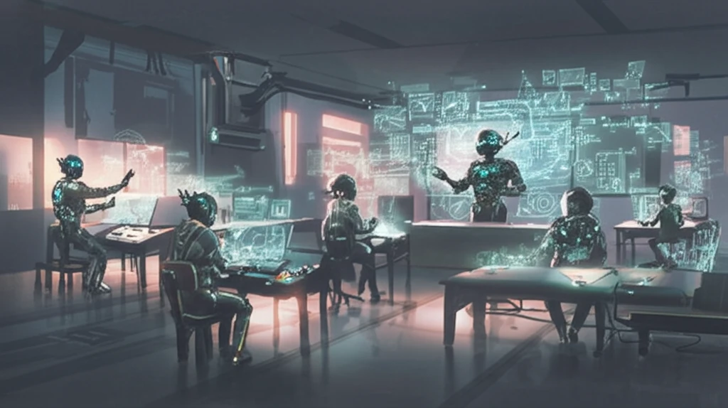 Futuristic classroom with AI tutors, emphasizing human-technology interaction.