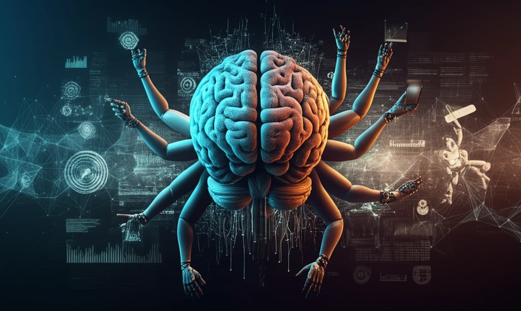 AI brain adapting to multiple contextual scenarios.