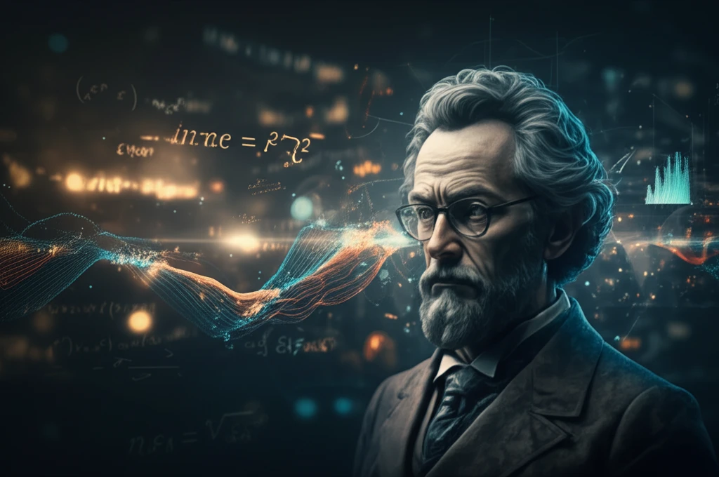 Surreal illustration of Gauss with data points and econometric equations.