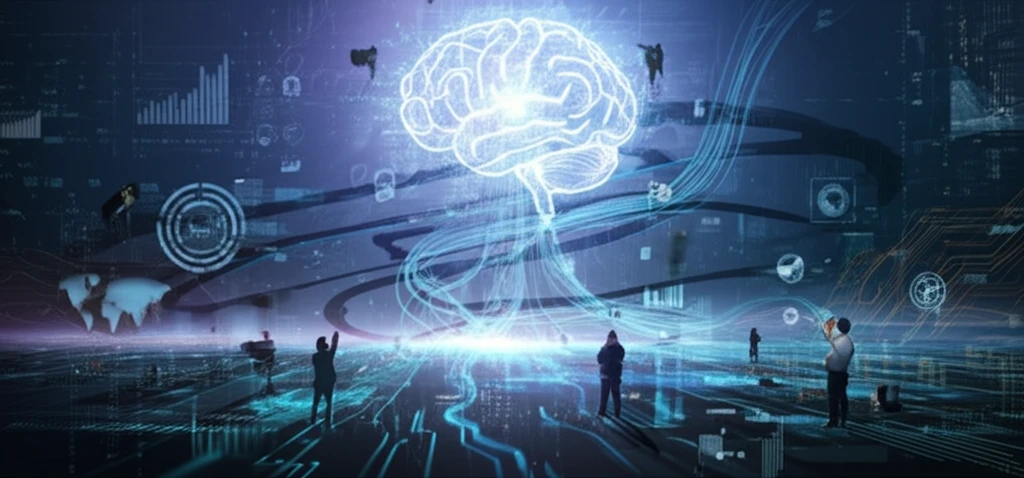 Surreal data landscape with swirling data streams forming a glowing brain.
