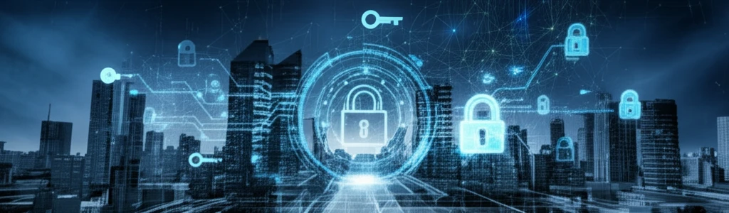 Futuristic blockchain city with secure transaction queues.