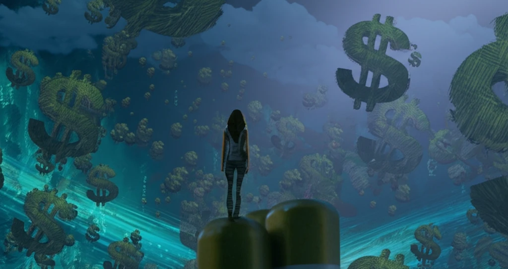 Person in digital marketplace with fluctuating personalized prices.