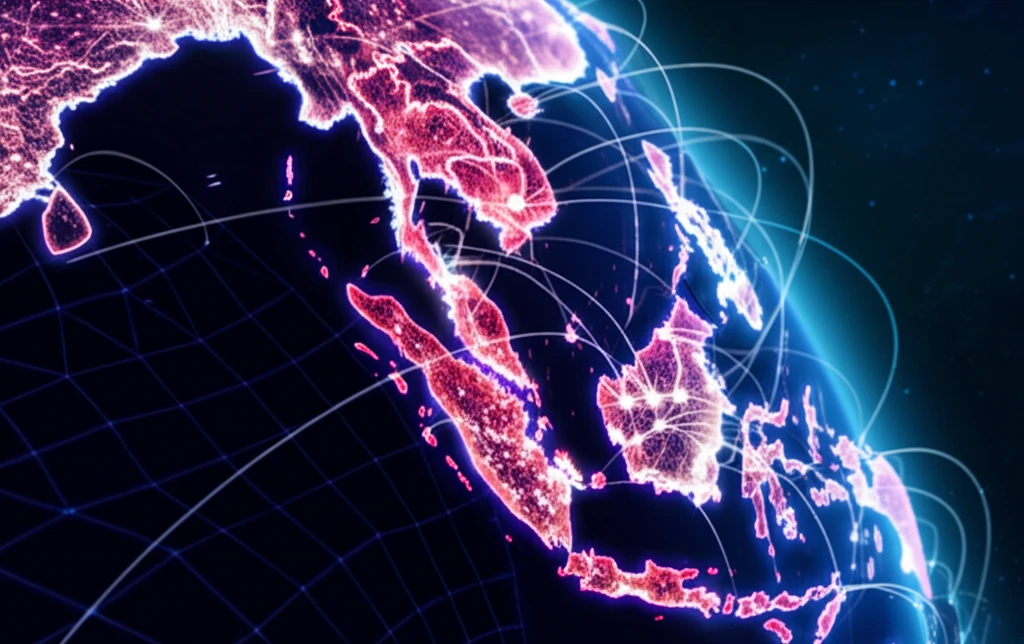 Futuristic map of Southeast Asia showcasing interconnected manufacturing hubs.