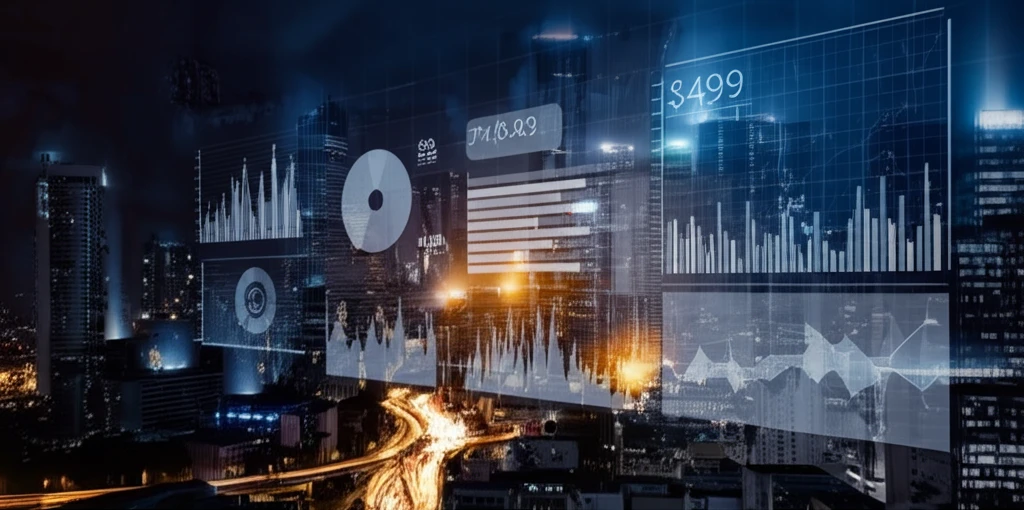 Futuristic sales dashboard with market data overlaying a cityscape.