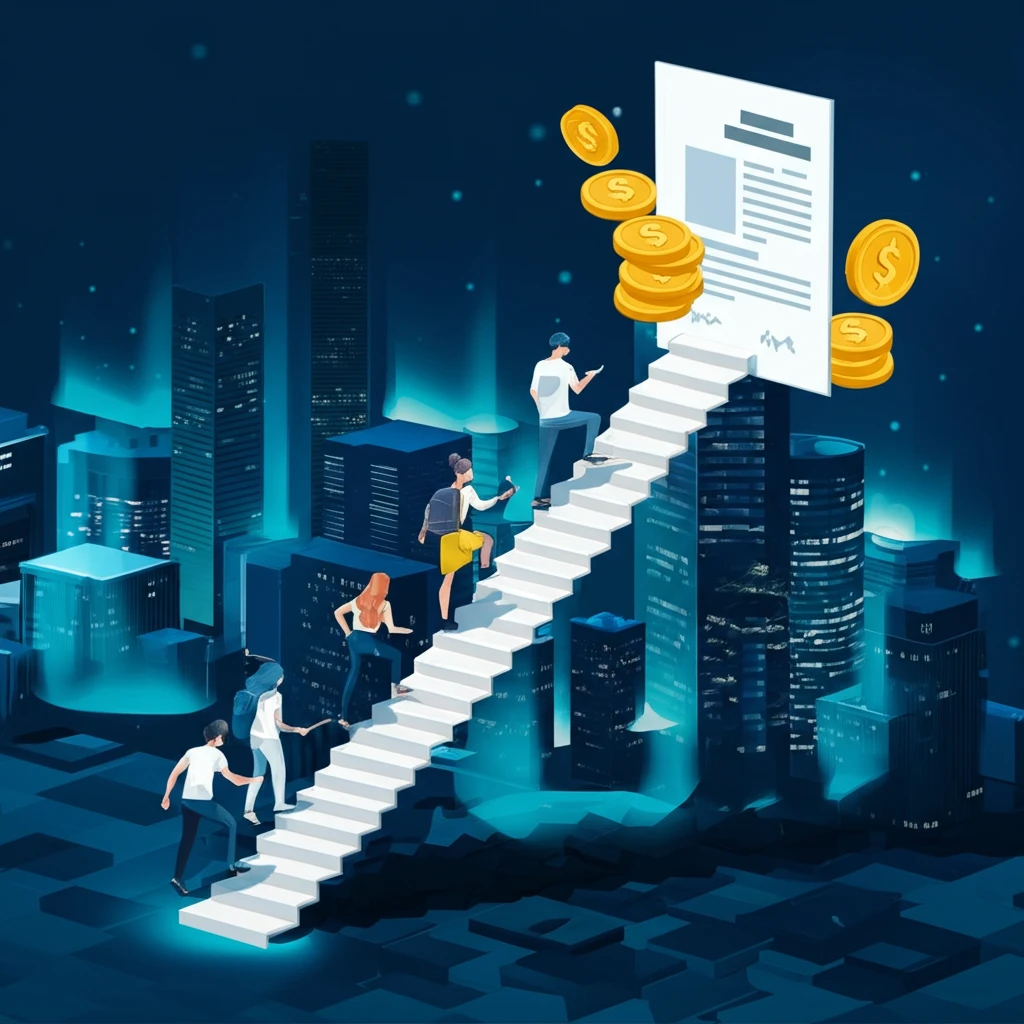 Young adults climbing a staircase of job applications, boosted by a hiring subsidy.