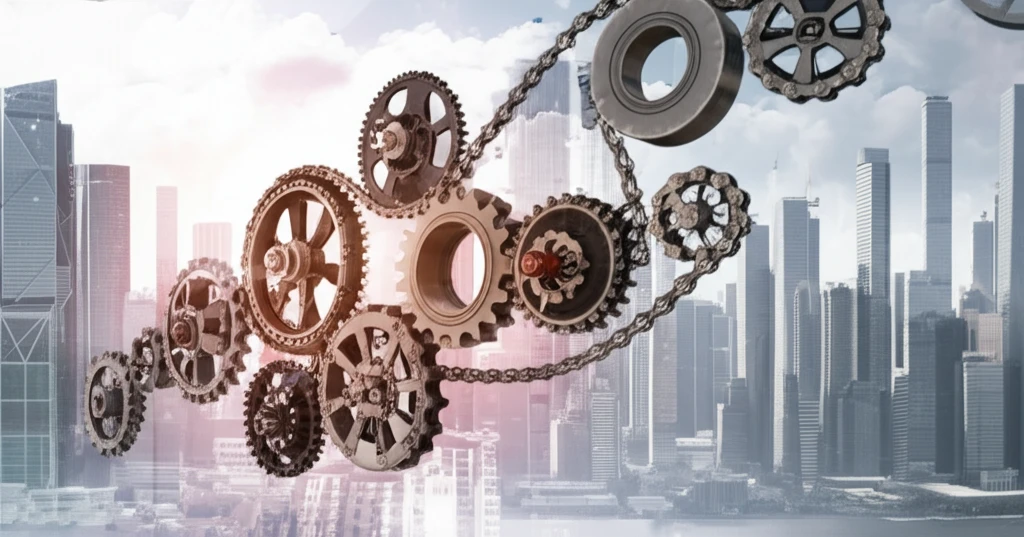 Interconnected gears and chains representing agreements and obligations in diverse markets.