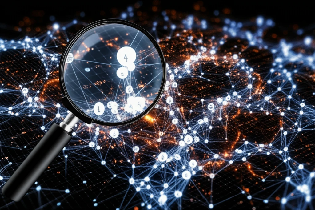 Complex network of interconnected nodes representing clustered data under statistical analysis.