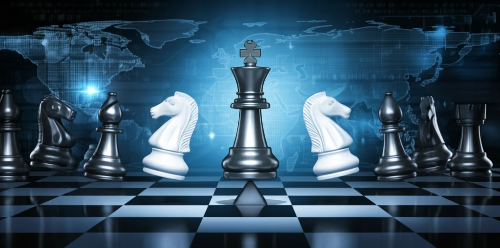 Surreal illustration of balanced chess pieces representing Nash Equilibrium.