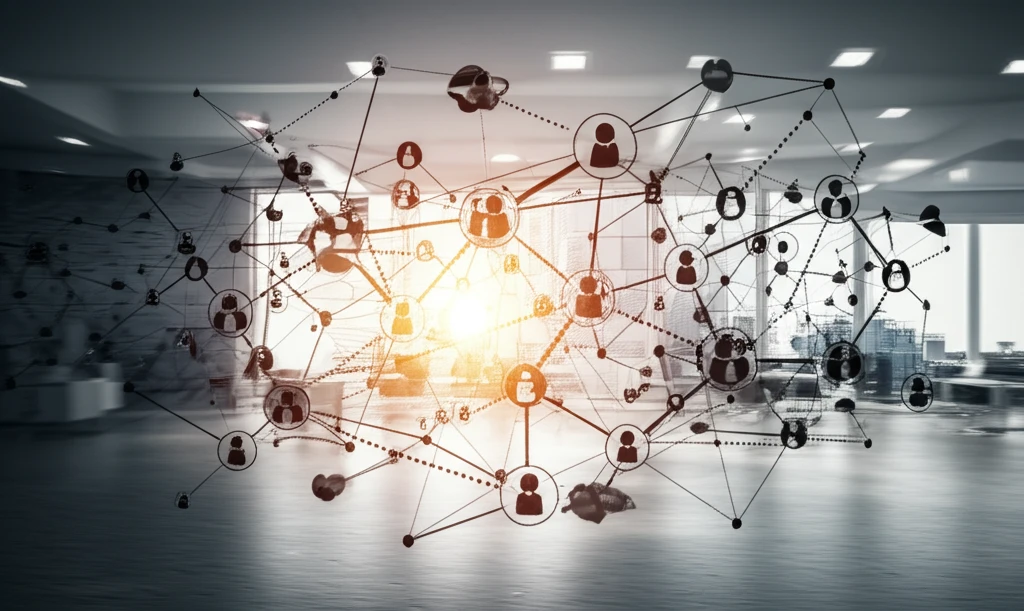 Abstract illustration of interconnected office buildings representing network effects in the workplace.