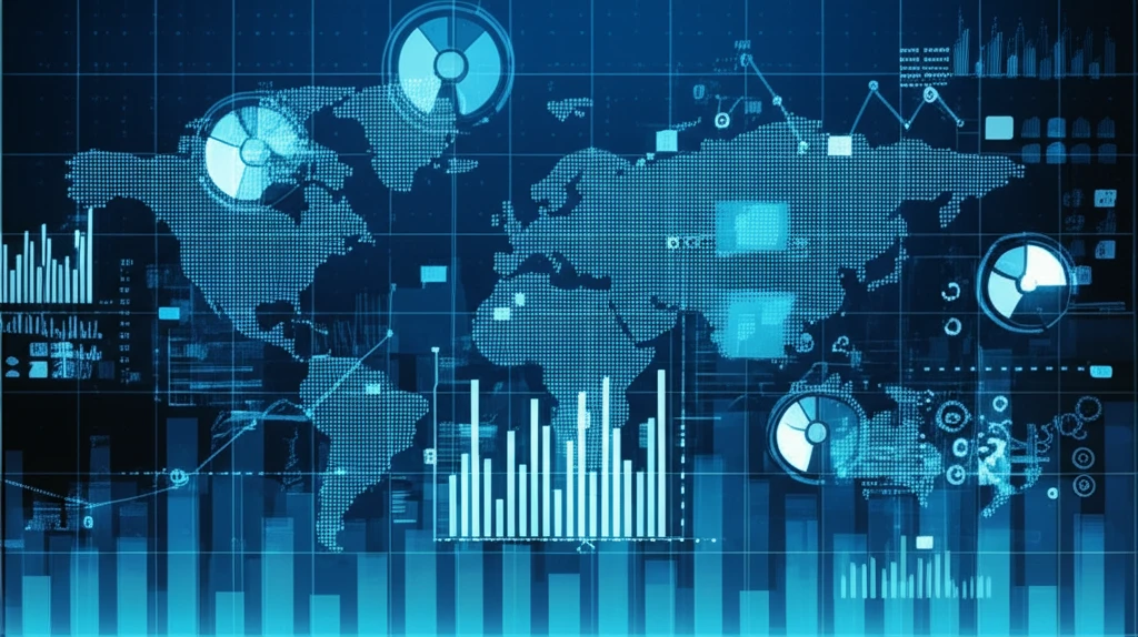World map of data streams with financial charts symbolizing big data economics.