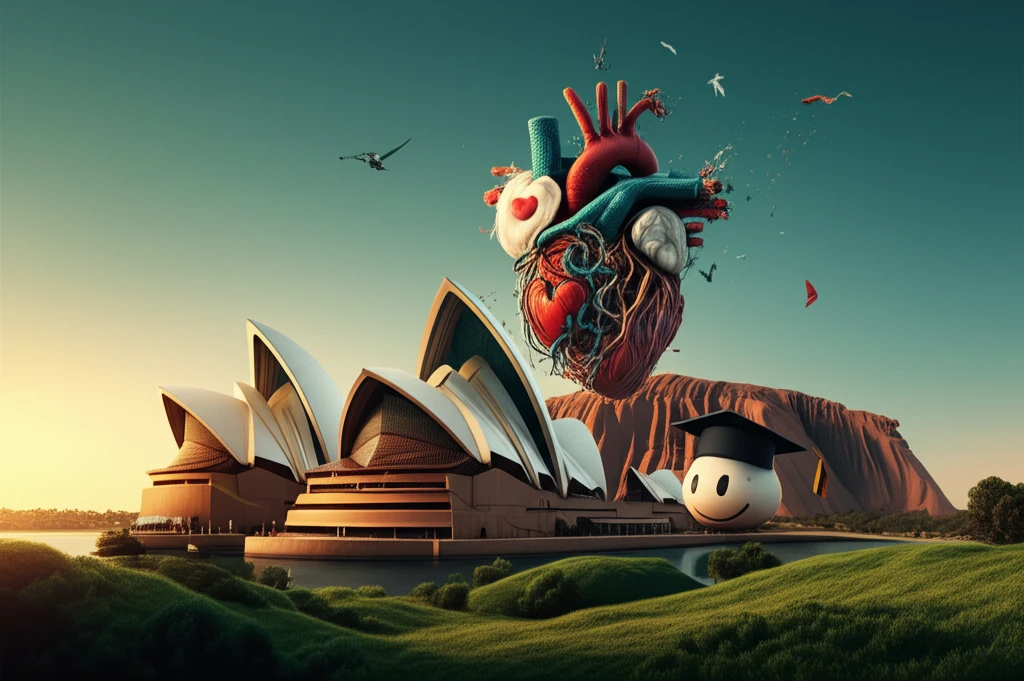 Australian Well-being: A surreal landscape merging landmarks with symbols of health, education, and happiness.