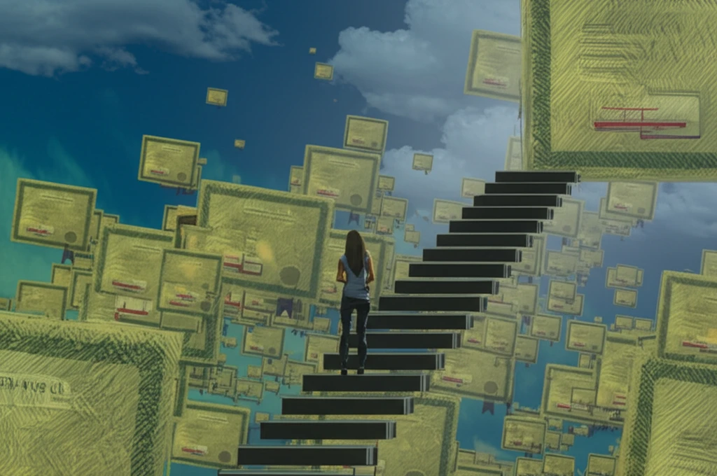 Career success visualized as climbing a staircase of certificates.