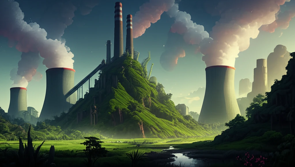 Coal phaseout concept: a power plant transforming into a green landscape.