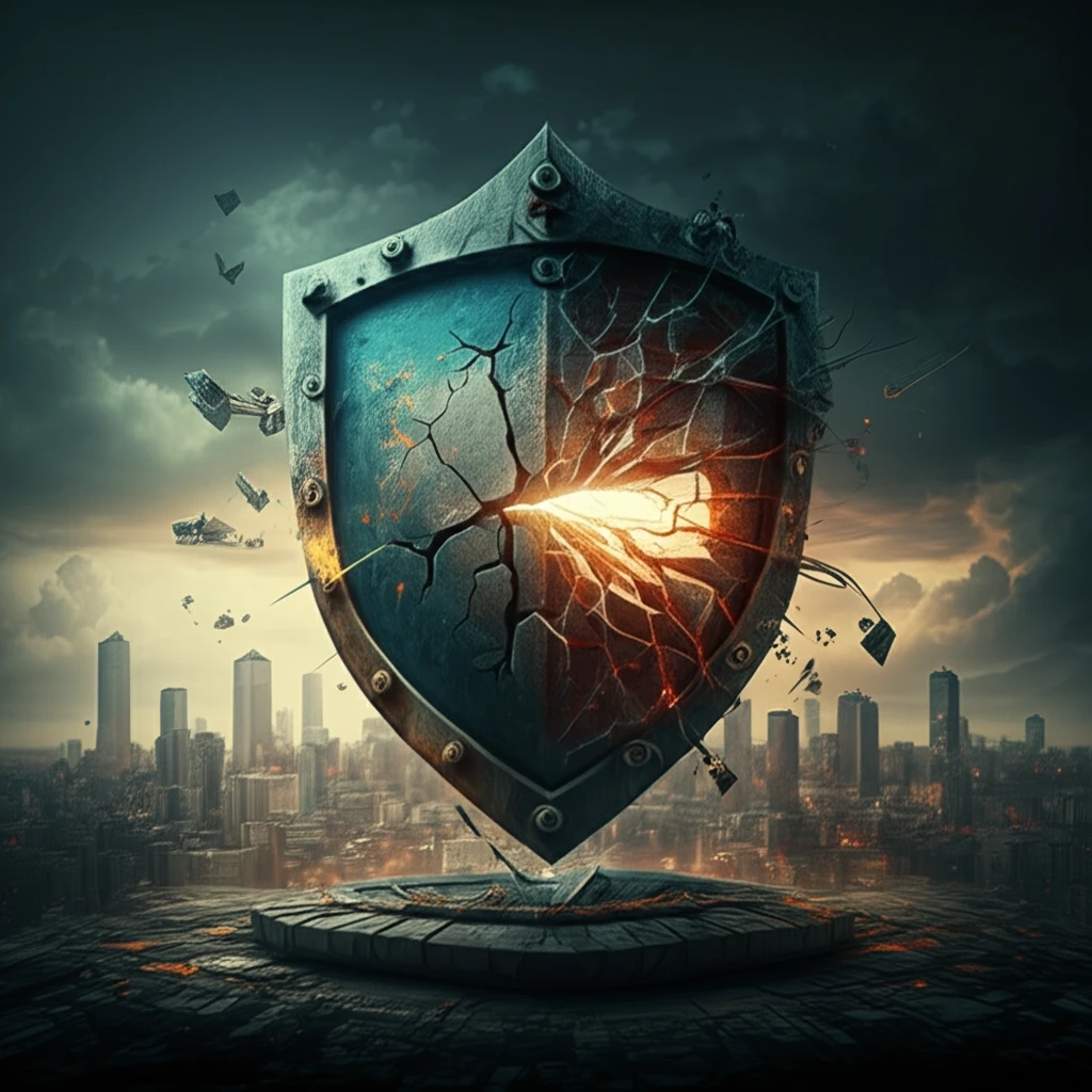 Cracked Shield Over Cityscape: Data Breach Vulnerability
