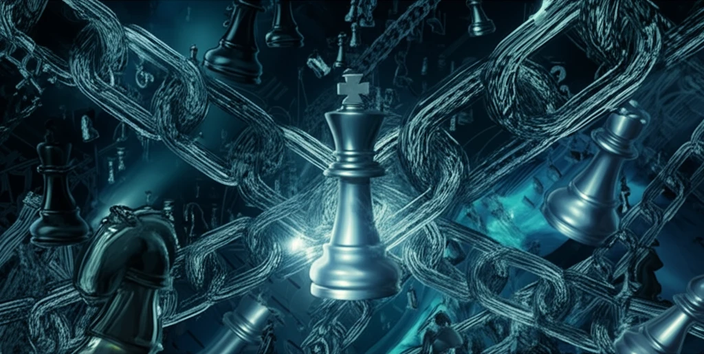 Abstract representation of blockchain manipulation using game pieces and cryptographic symbols.