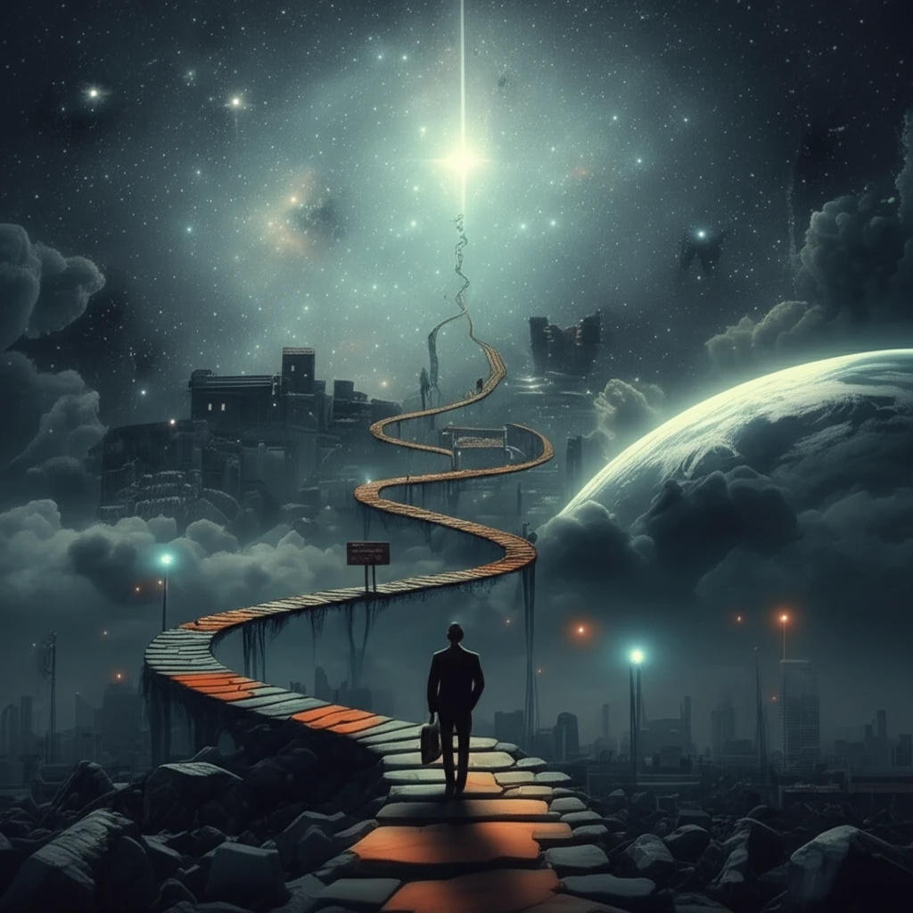 Winding career path transforming through stages of growth.