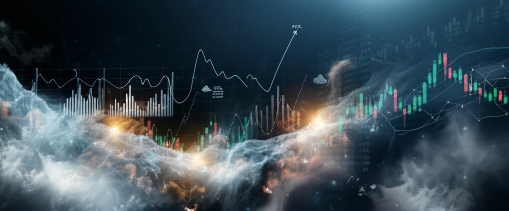 Surreal illustration of financial charts and weather patterns symbolizing market forecasts.