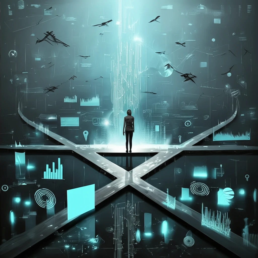 A person at a crossroads surrounded by data streams, representing the complexity of dynamic choices.