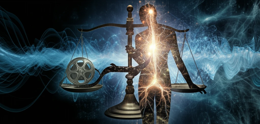 Balanced scale representing media content and consumer attention.