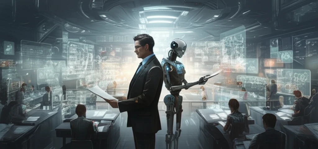 AI versus human graders: A symbolic representation of the collaboration and conflict between artificial intelligence and human expertise in education.