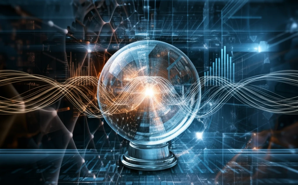 Crystal ball reflecting stock market charts with glowing instrumental variables.