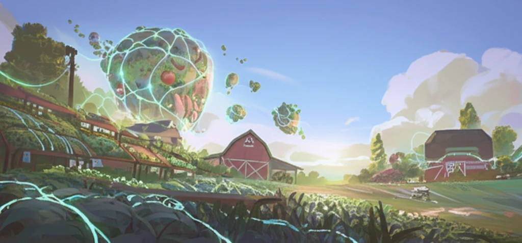 Vibrant farmers market with produce floating in the air connected by strands to a farm.