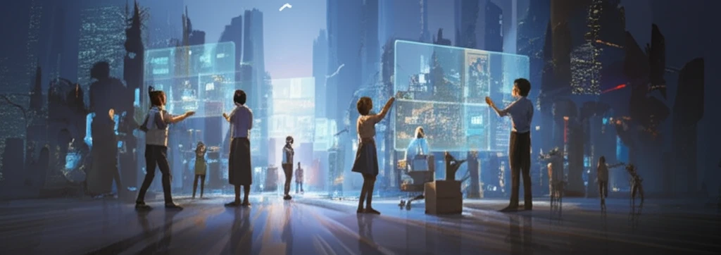 Diverse group building a decentralized structure in a futuristic city, symbolizing trust and cooperation in DAOs.