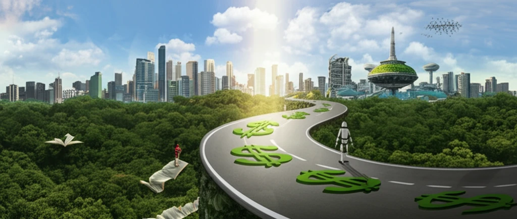 A road transforming from dollar signs to books, leading to a futuristic city symbolizing the transition from capitalism to a knowledge-based society.
