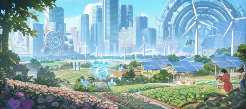 Futuristic Chinese landscape with diverse crops and sustainable technology representing food security.