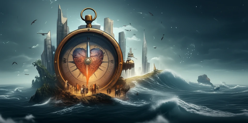 A compass with a heart guiding people towards an ethical city.