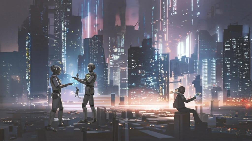 Cityscape showing robots replacing human workers with some adapting and thriving with AI tools.