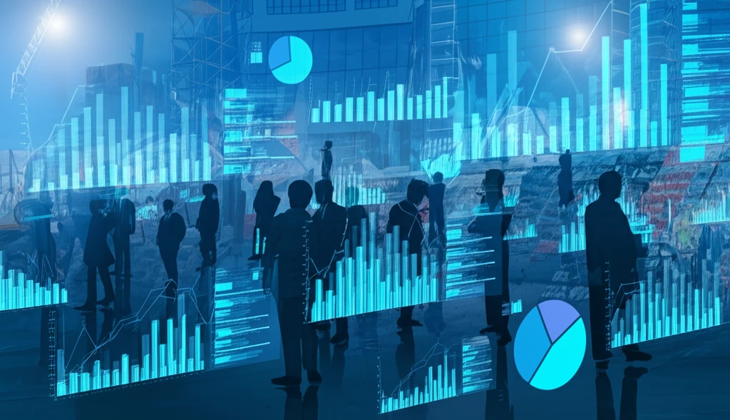 Surreal illustration of a market with data-driven consumers, visualizing the 'moments' of demand.