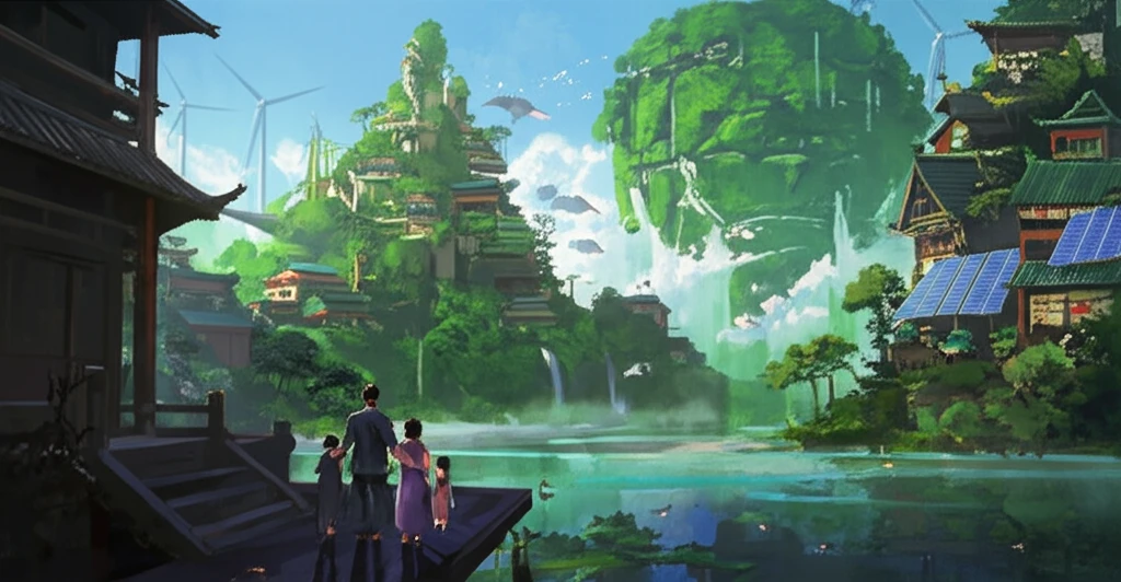 Futuristic green city blending Chinese and Indian architecture.