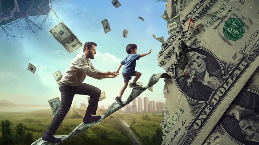 Child climbing a ladder of dollar bills, representing intergenerational mobility.
