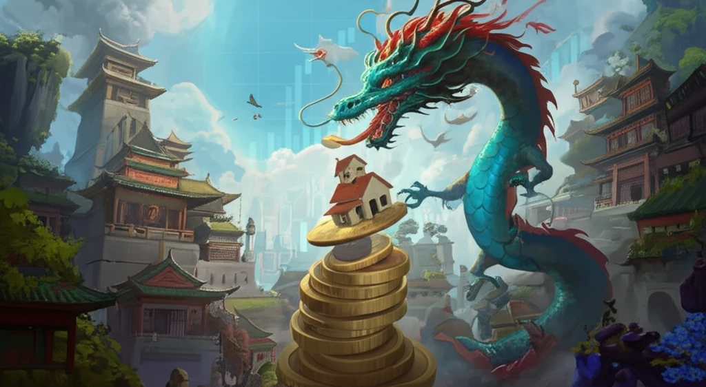 Chinese dragon balancing coins and houses, representing China's debt.