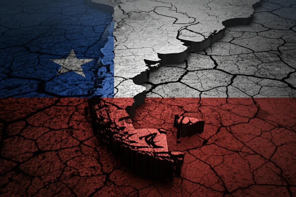 Cracked map of Chile symbolizing economic instability and fading prosperity.