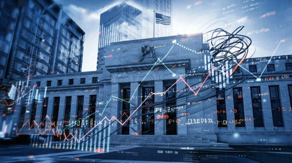 Stylized Federal Reserve building intertwined with statistical graphs representing SVAR models and monetary policy trends.