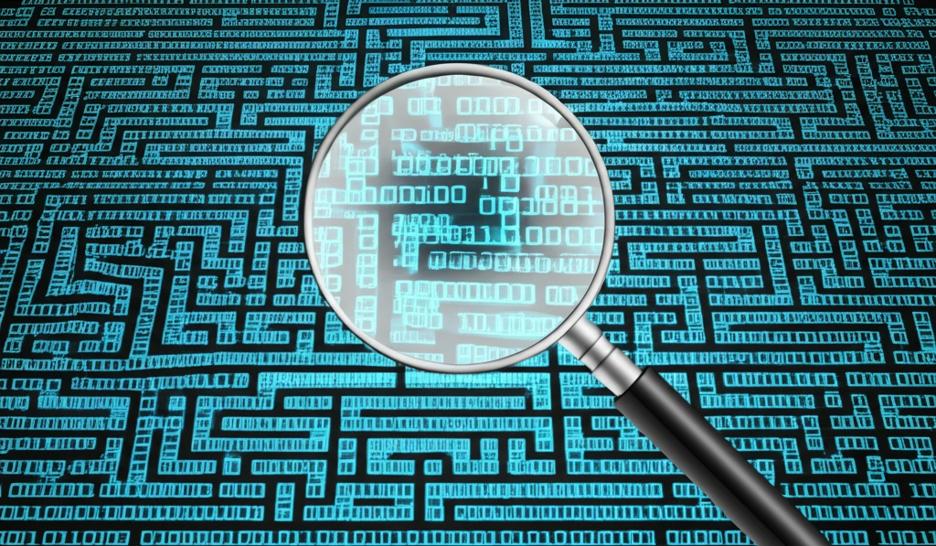Data labyrinth with magnifying glass.