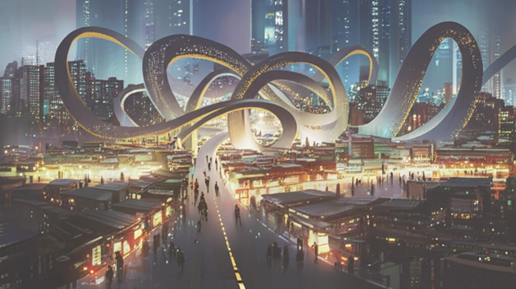 Intertwined paths converging in a dynamic marketplace, symbolizing economic connections.