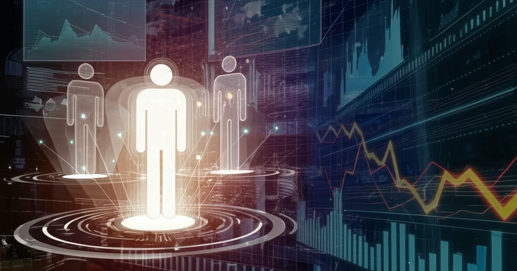 Interconnected data points forming human silhouettes, symbolizing personalized insights from economic data.